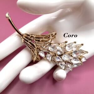 Vintage Coro Clear Rhinestone Floral Brooch, Gold Tone, 3 1/4 Inches